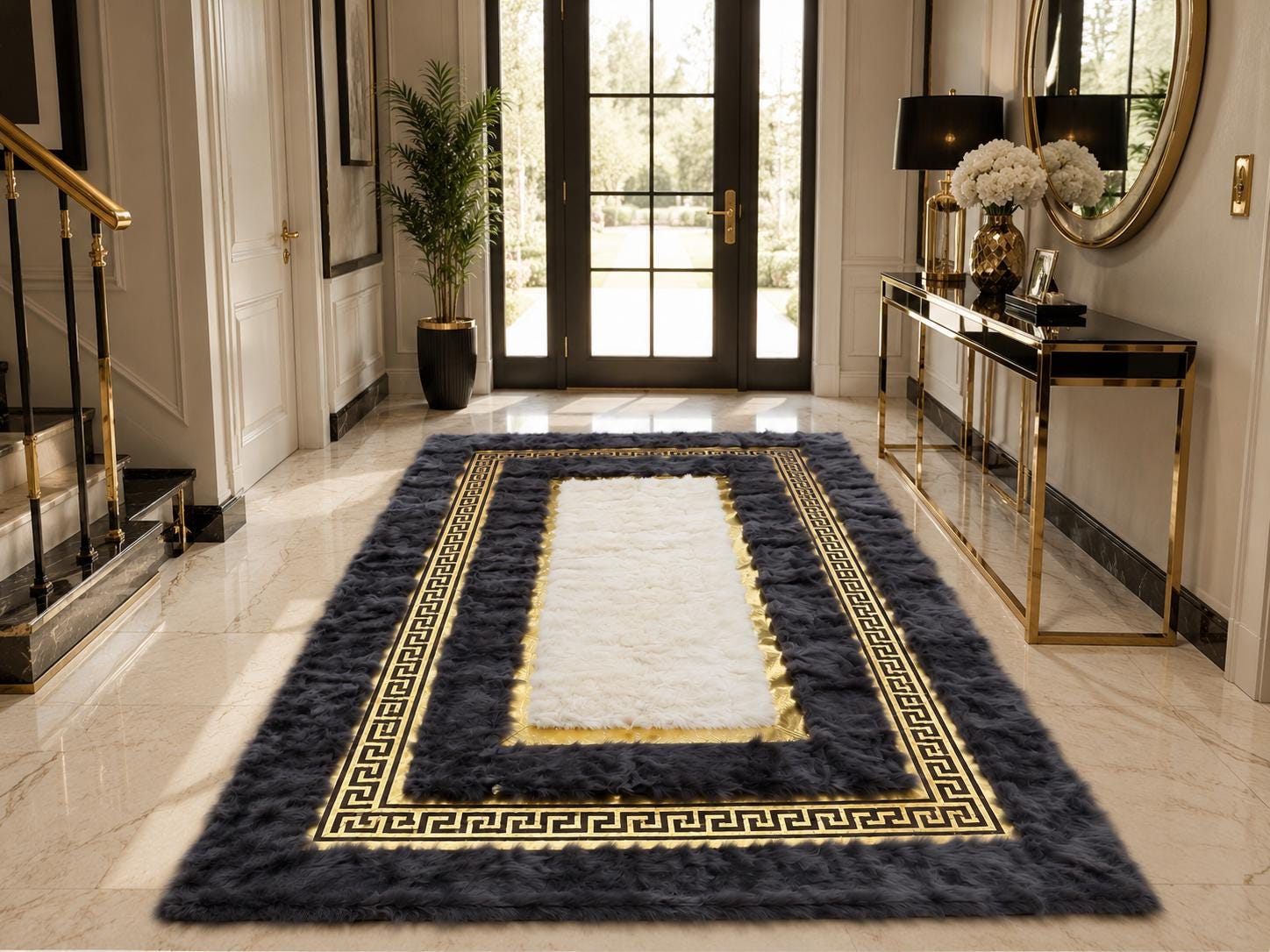 Genuine Toscana Sheepskin Rug, Long Wool Area Rug, Black Ivory Designer Fur