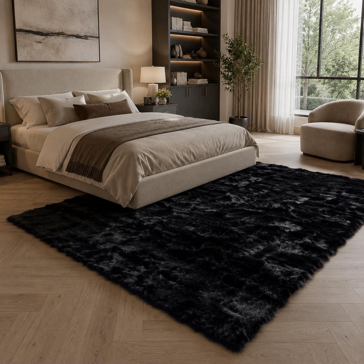 Black Toscana Fur Rug, Luxury Plush Area Rug, Handmade Soft Sheepskin Style Rug, Modern Bedroom Living Room Rug, Custom Size Rug