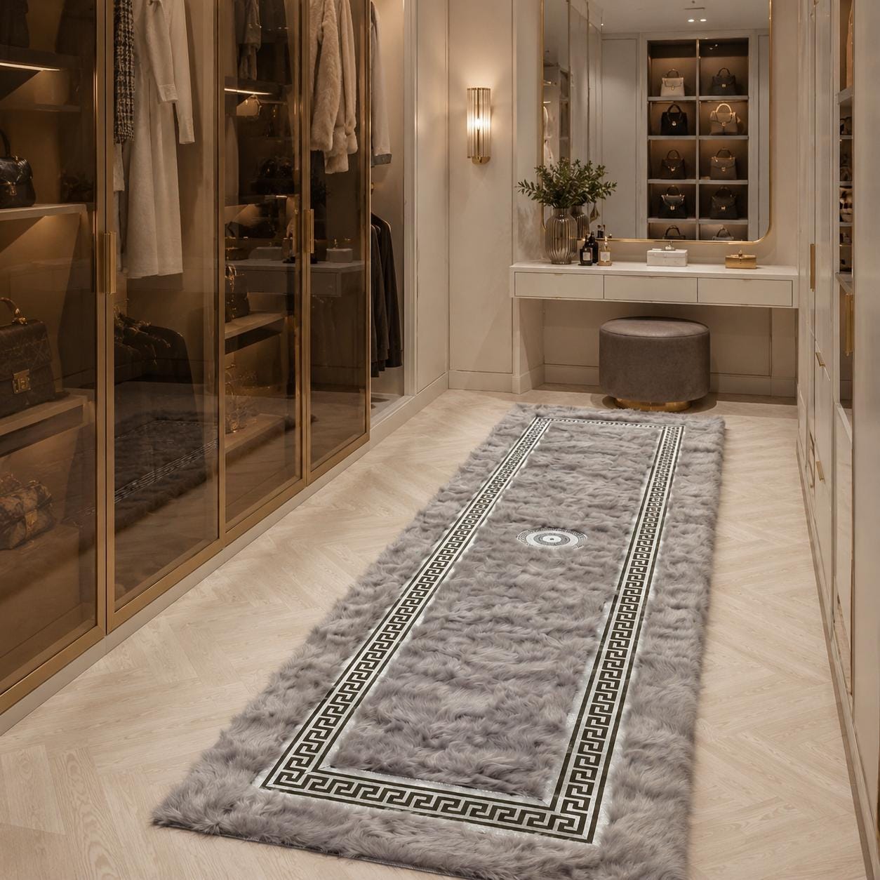 Gray Toscana Runner Rug with Greek Key Border, Luxury Plush Hallway Rug, Handmade Soft Fur Runner, Custom Size Entryway Rug