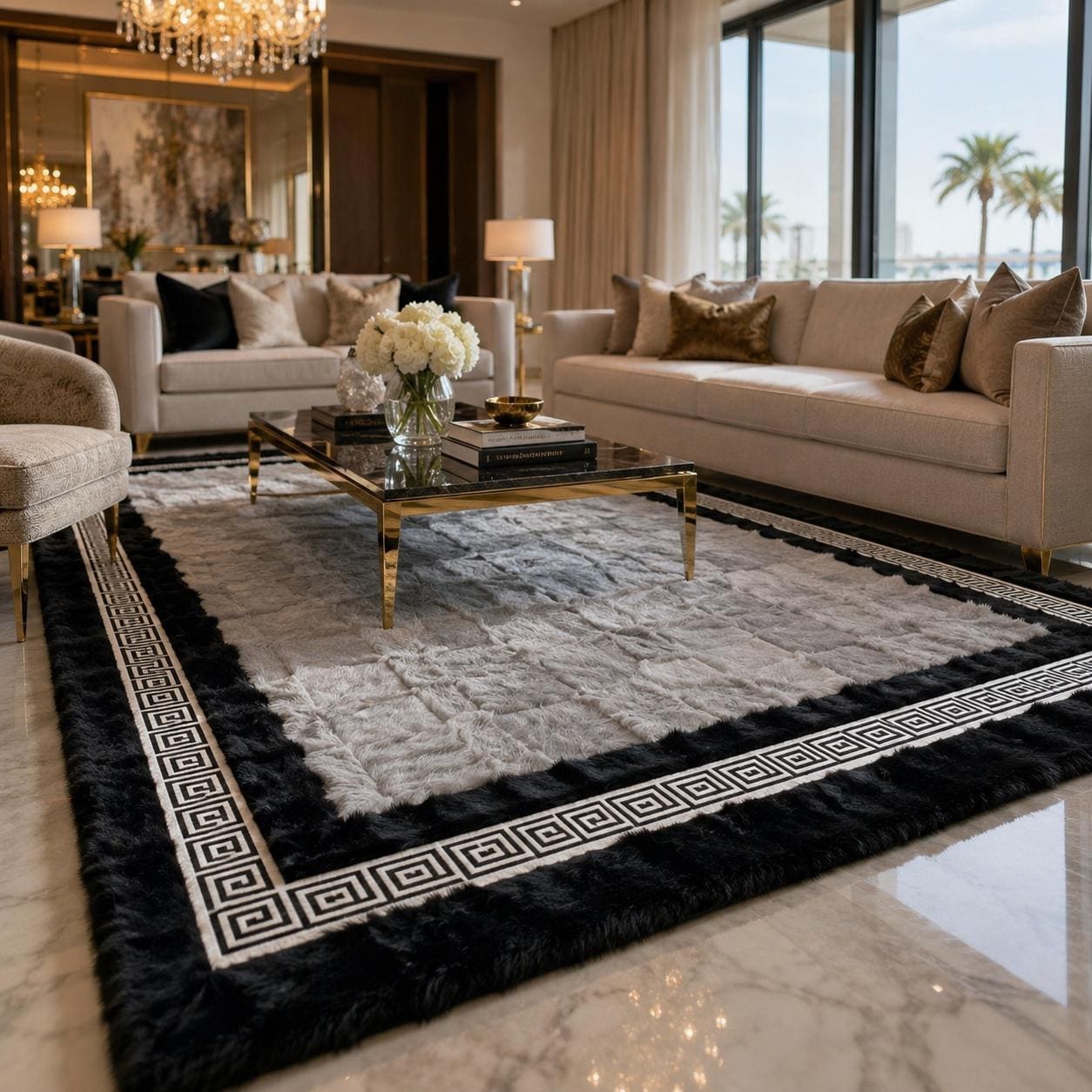 Gray Toscana Rug with Black Border, Greek Key Area Rug, Luxury Plush Living Room Rug, Handmade Soft Bedroom Rug, Custom Size Rug