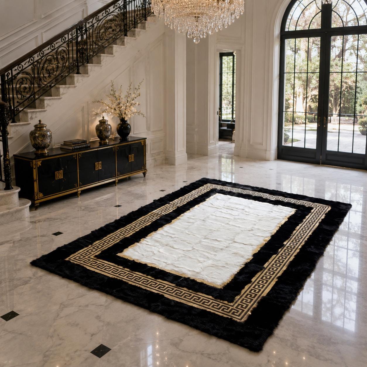 Ivory Toscana Rug with Black Border, Greek Key Area Rug, Luxury Plush Bedroom Rug, Handmade Soft Living Room Rug, Custom Size Rug