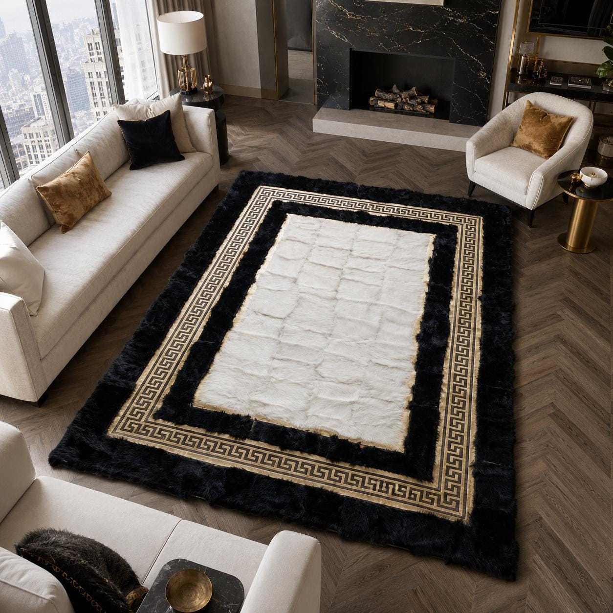 Ivory Toscana Rug with Black Border, Greek Key Area Rug, Luxury Plush Bedroom Rug, Handmade Soft Living Room Rug, Custom Size Rug