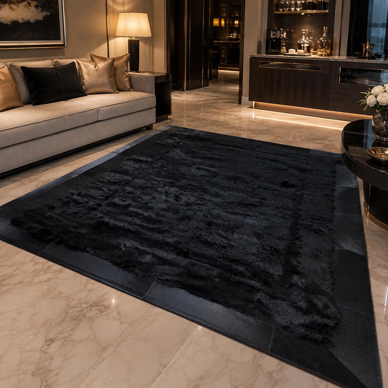 Black Toscana Fur Rug with Tone on Tone Border, Luxury Plush Area Rug, Handmade Soft Bedroom Rug, Walk in Closet Rug, Custom Size Rug