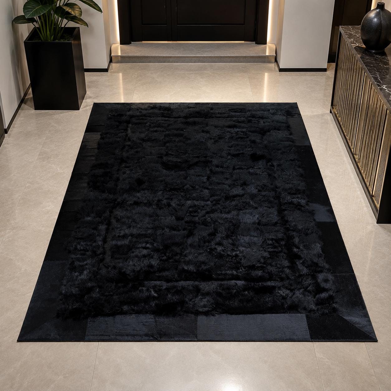 Black Toscana Fur Rug with Tone on Tone Border, Luxury Plush Area Rug, Handmade Soft Bedroom Rug, Walk in Closet Rug, Custom Size Rug