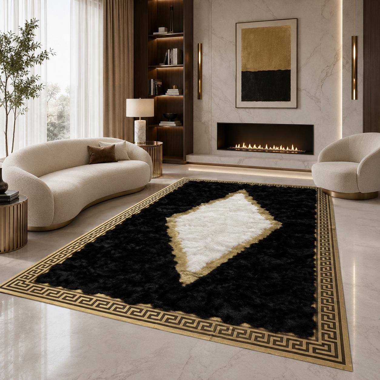 Black Toscana Rug with Ivory Diamond Center, Greek Key Area Rug, Luxury Plush Living Room Rug, Handmade Soft Bedroom Rug, Custom Size Rug