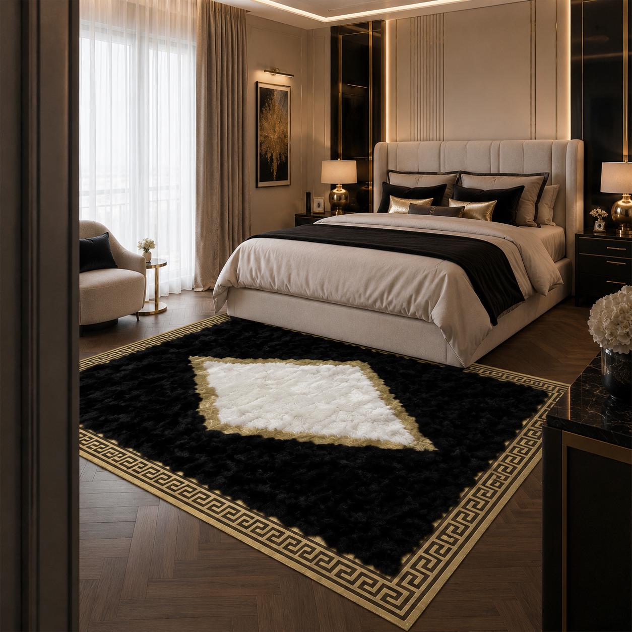 Black Toscana Rug with Ivory Diamond Center, Greek Key Area Rug, Luxury Plush Living Room Rug, Handmade Soft Bedroom Rug, Custom Size Rug