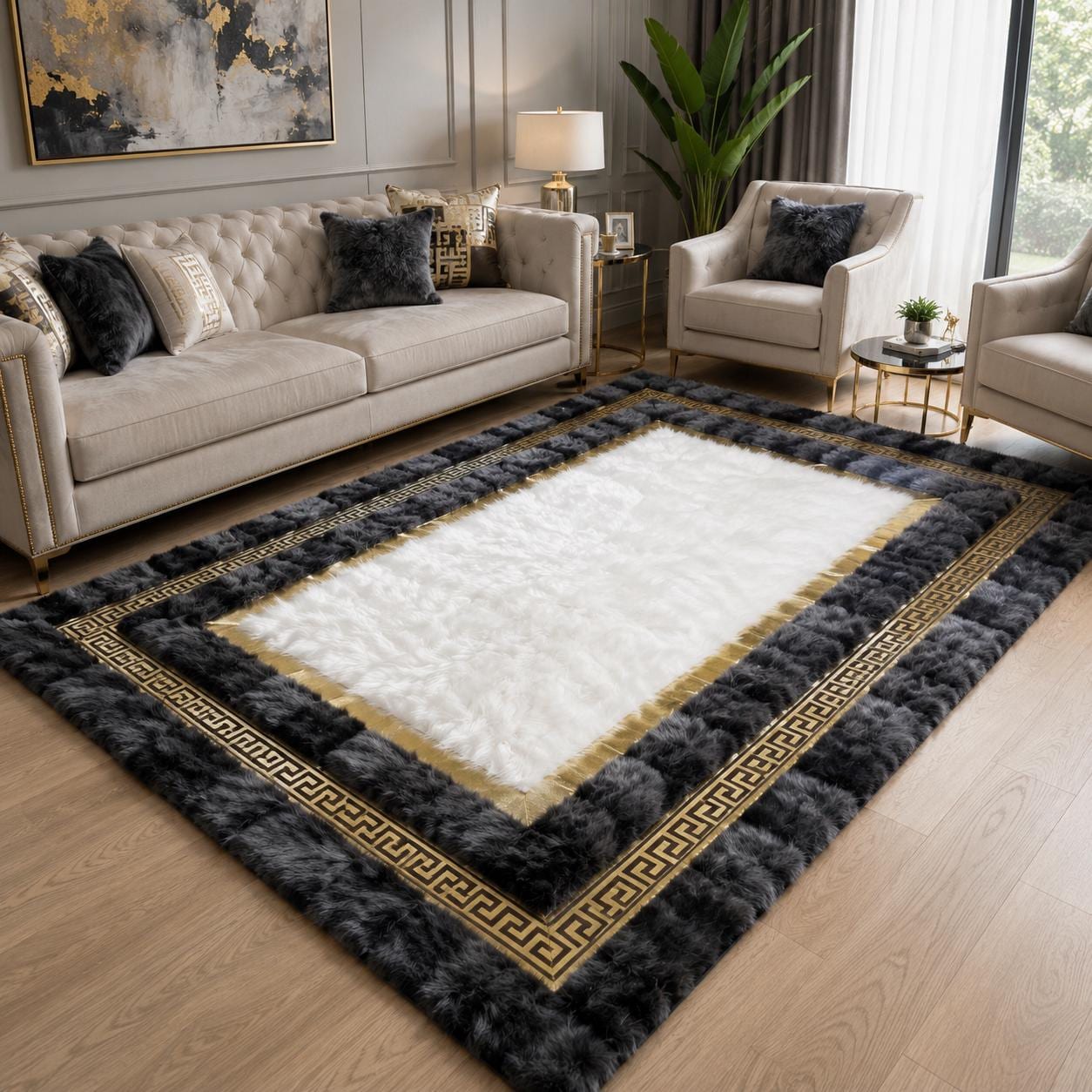 Ivory Toscana Rug with Charcoal Border, Greek Key Area Rug, Luxury Plush Living Room Rug, Handmade Soft Bedroom Rug, Custom Size Rug