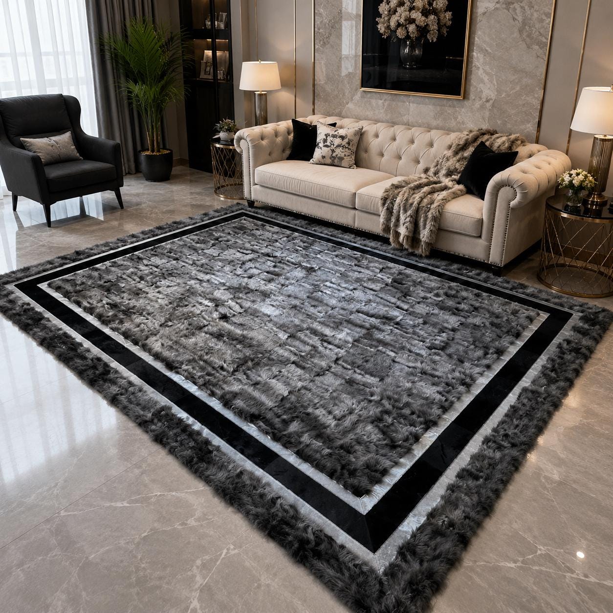 Gray Toscana Rug with Black and Silver Border, Luxury Plush Area Rug, Handmade Soft Living Room Rug, Modern Bedroom Rug, Custom Size Rug