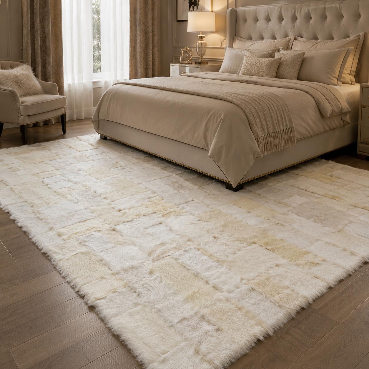 Patchwork Rug, Natural Goatskin Area Rug, Handmade Luxury Plush Rug, Custom Size Living Room Bedroom Rug