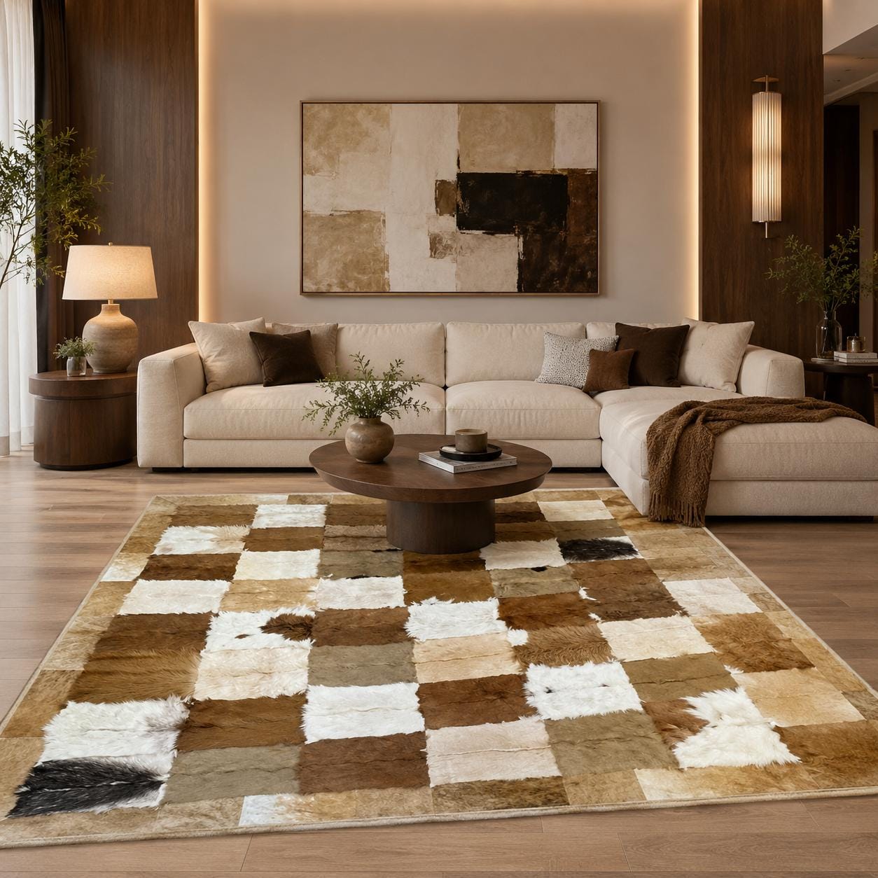 Goatskin Patchwork Rug, Natural Goat Hide Area Rug, Brown Ivory Beige Fur Rug, Handmade Luxury Living Room Rug, Custom Size Rug