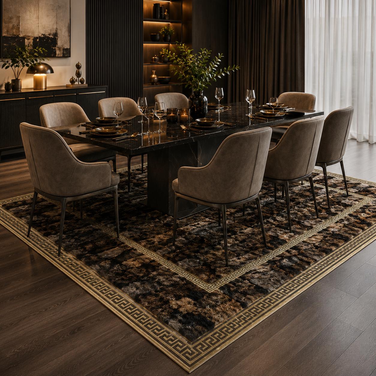 Dark Multicolor Toscana Rug with Greek Key Border, Luxury Plush Area Rug, Handmade Soft Living Room Bedroom Rug, Custom Size Rug
