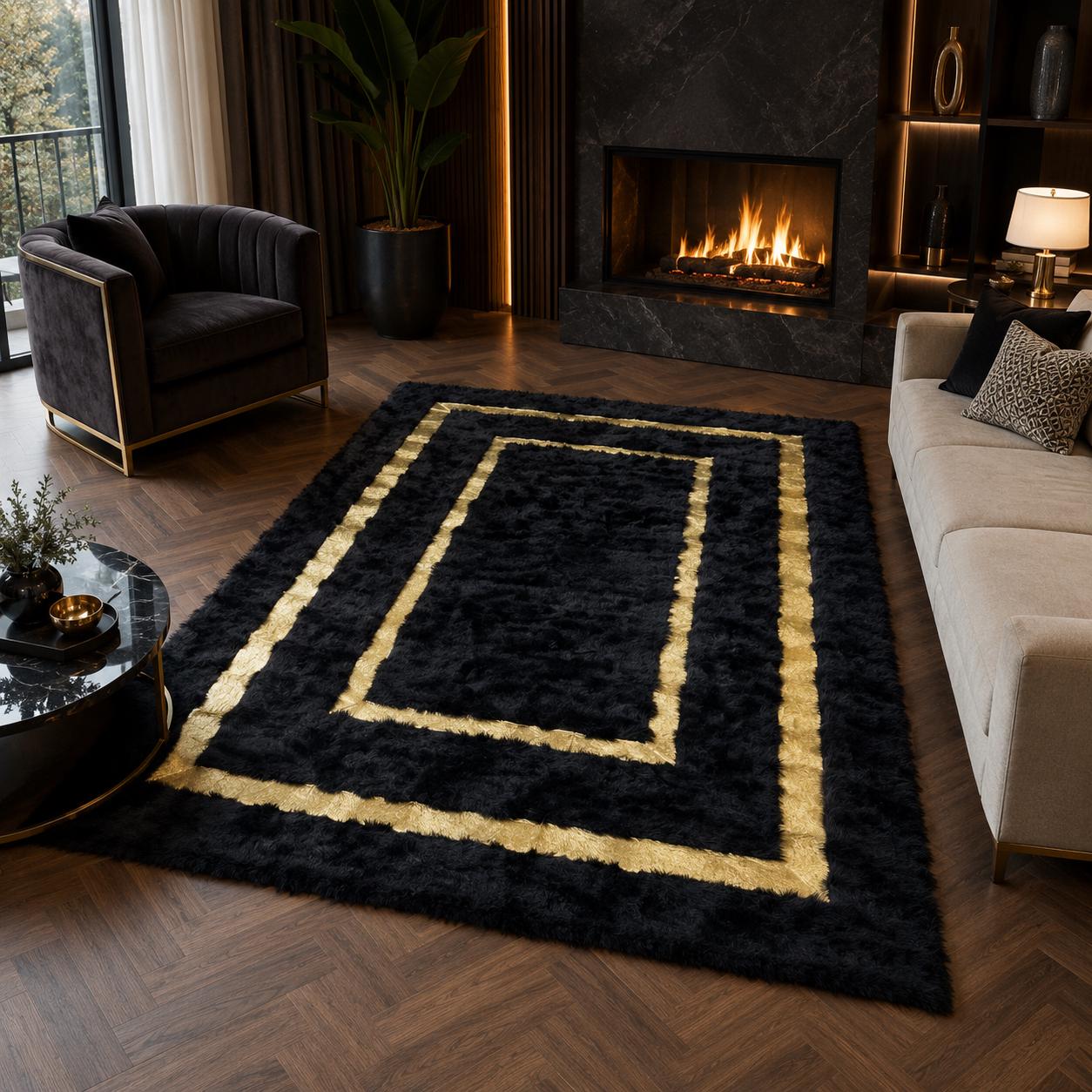 Black Toscana Rug with Gold Border, Luxury Plush Area Rug, Handmade Soft Living Room Rug, Modern Bedroom Rug, Custom Size Rug