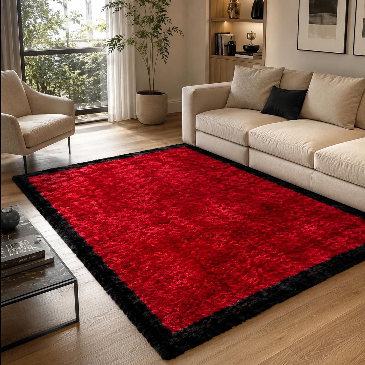 Red Rex Fur Rug with Black Border, Luxury Plush Area Rug, Handmade Soft Living Room Bedroom Rug, Custom Size Rug