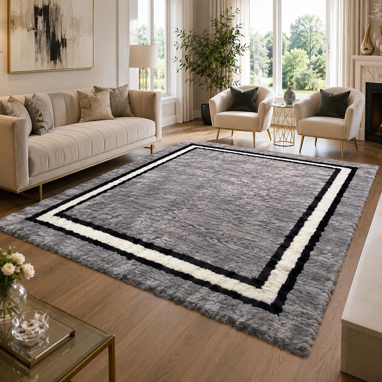 Gray Rex Fur Rug with Black and Ivory Border, Luxury Plush Area Rug, Handmade Soft Bedroom Rug, Modern Living Room Rug, Custom Size Rug