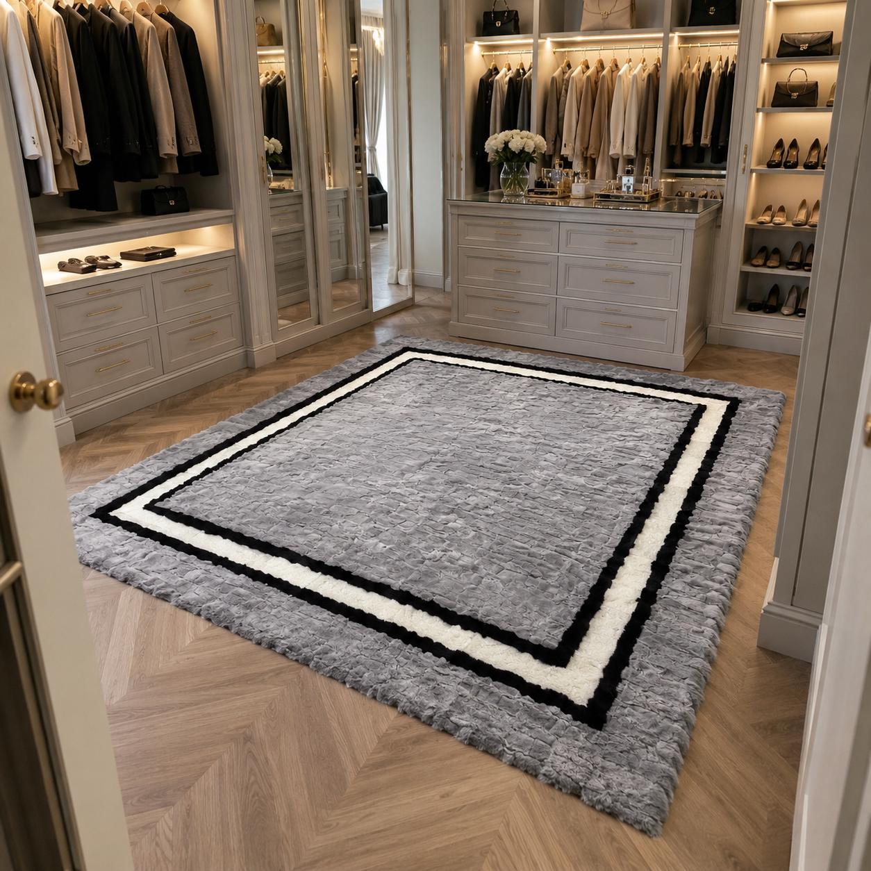 Gray Rex Fur Rug with Black and Ivory Border, Luxury Plush Area Rug, Handmade Soft Bedroom Rug, Modern Living Room Rug, Custom Size Rug