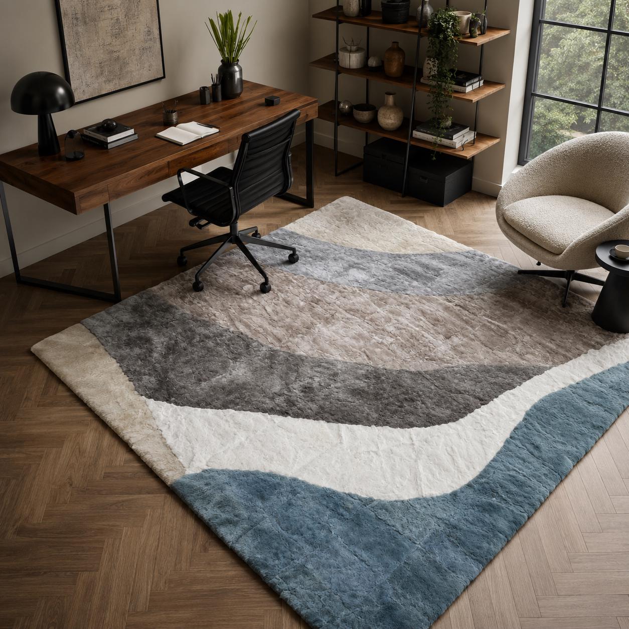 Rex Fur Rug, Blue Beige Gray Area Rug, Luxury Plush Bedroom Rug, Handmade Soft Living Room Rug, Custom Size Rug