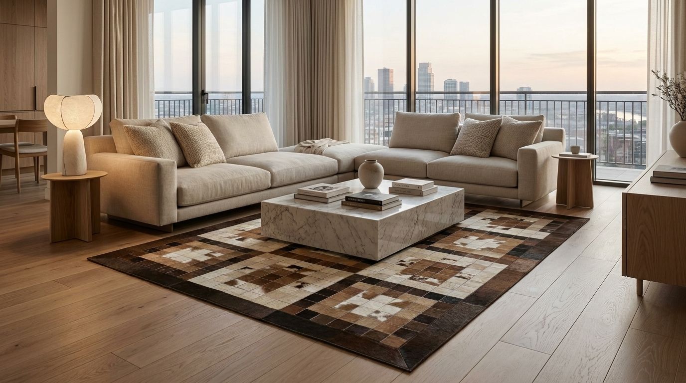 cowhide rug in modern living room showing natural texture and durability