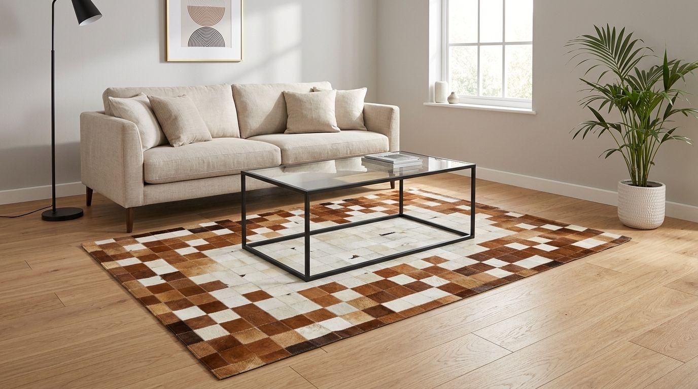 Cowhide rug placement in a modern living room with angled positioning under furniture