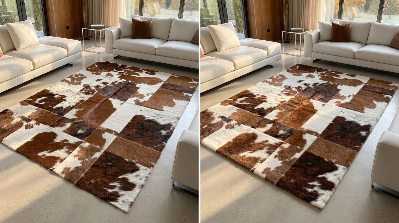 Real vs faux cowhide rug side by side comparison