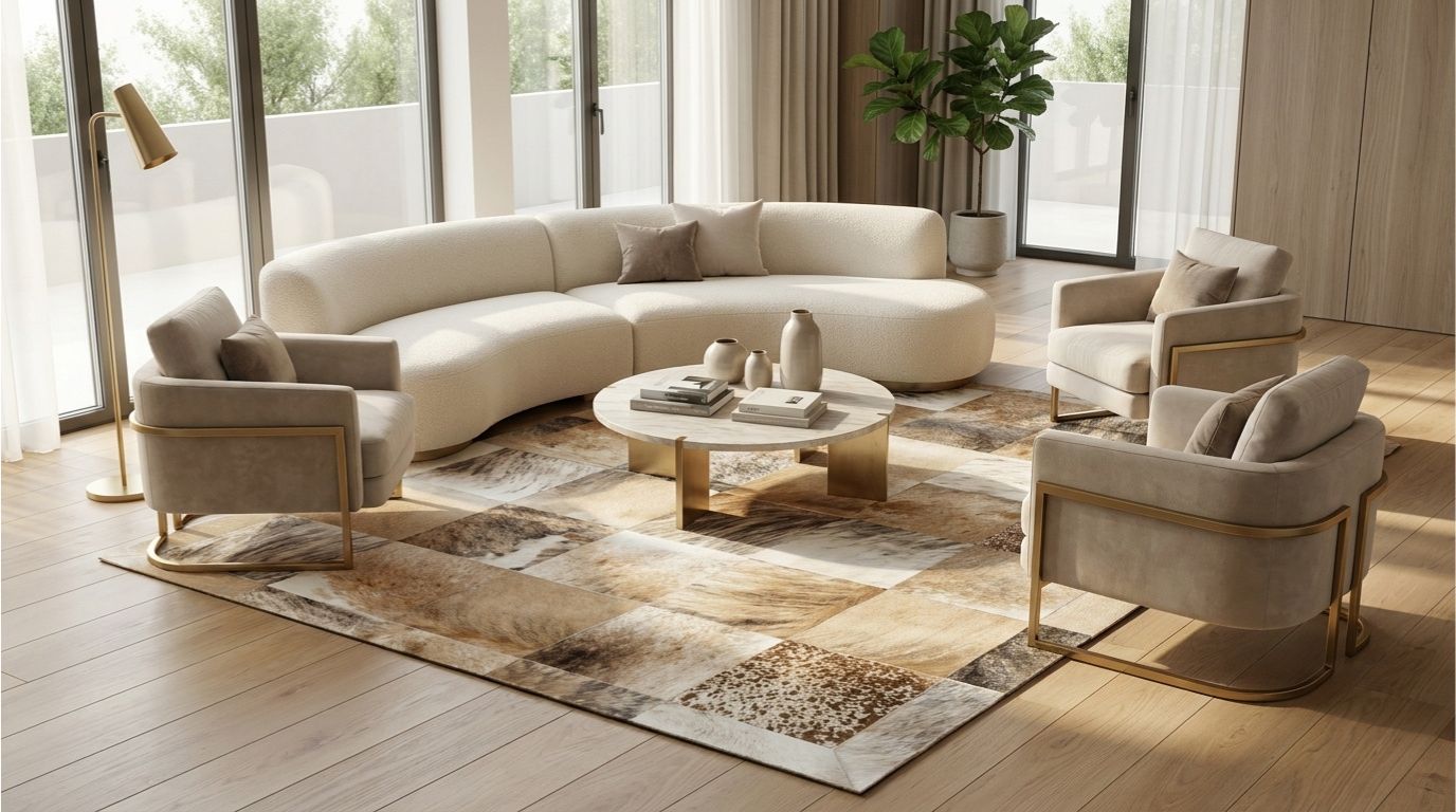 Cowhide rug featured in a bright living room, styled with neutral furniture for a modern decor guide.