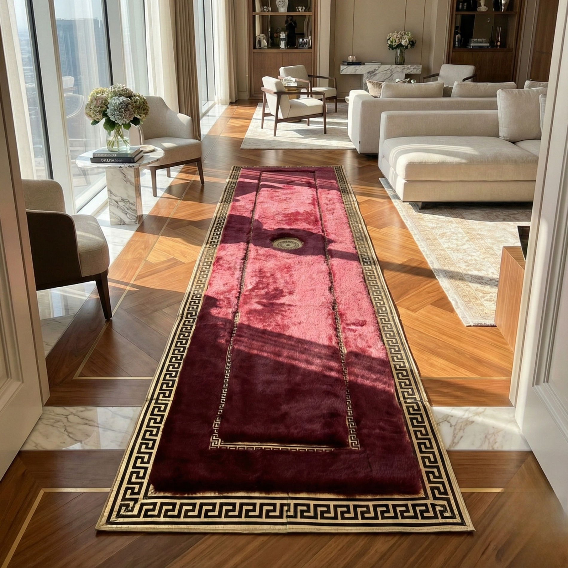 Burgundy Plush Runner Rug – Gold Accent Detailing, Ultra-Soft Texture, Non-Slip Backing, Custom Sizes Available