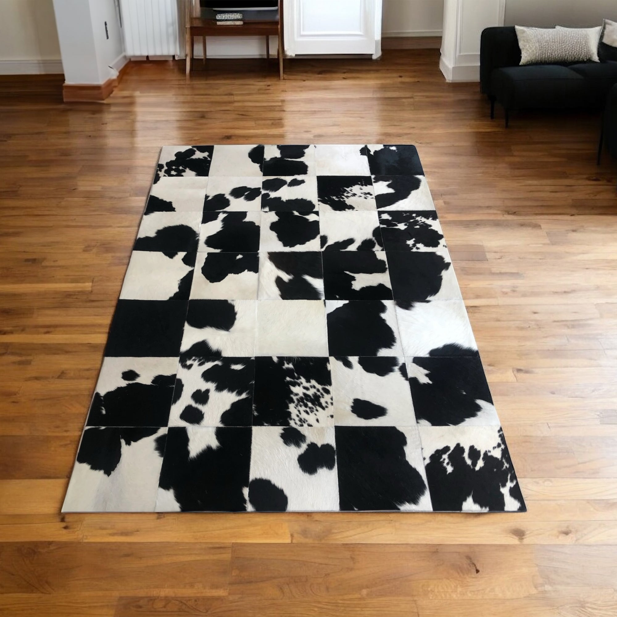 Cow print patchwork rug detail