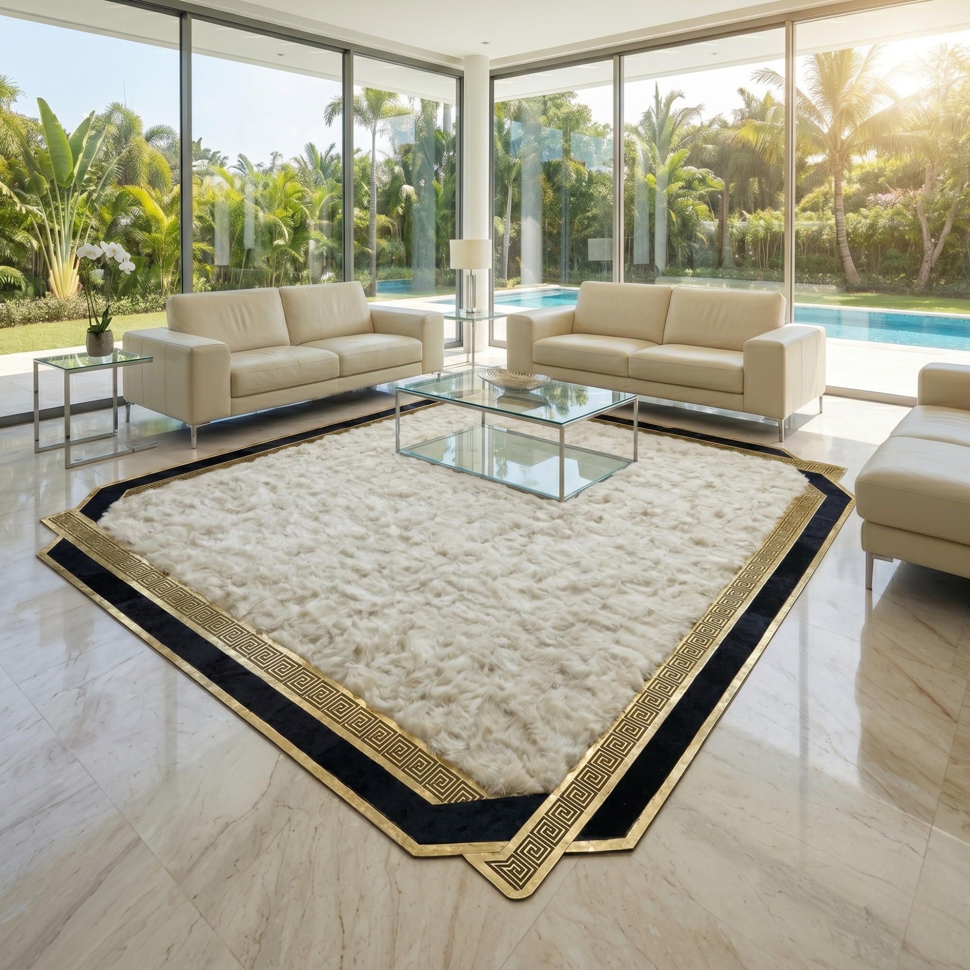 Beige and Black Tuscan Rug, Gold Border Area Rug