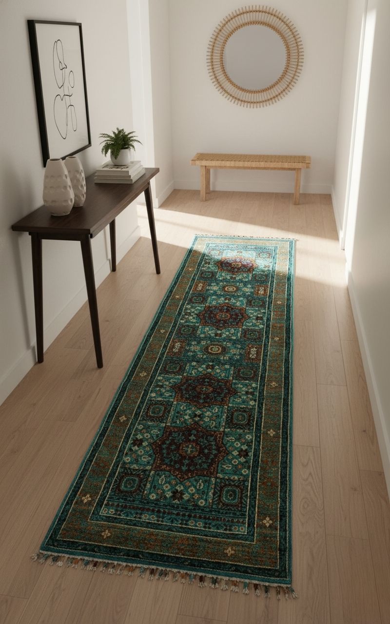 Turquoise Memluk Runner Rug – Hand-Knotted Wool Carpet 182x64cm (6x2ft)