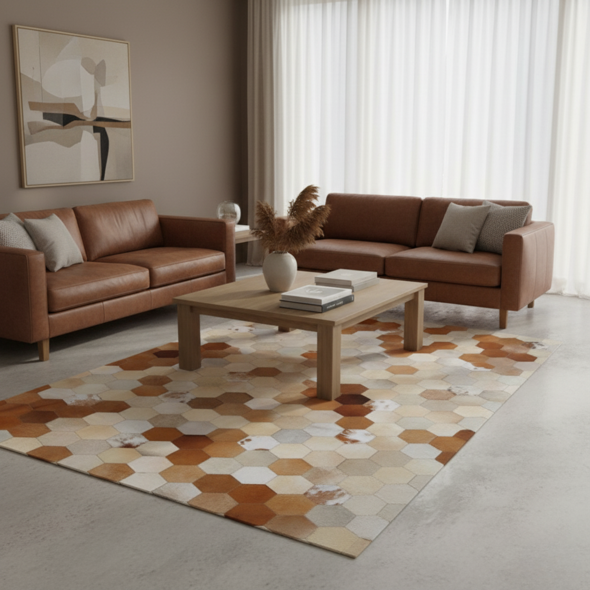 Brown & Cream Patchwork Cowhide Rug – Leather Area Rug,Living Room Decor