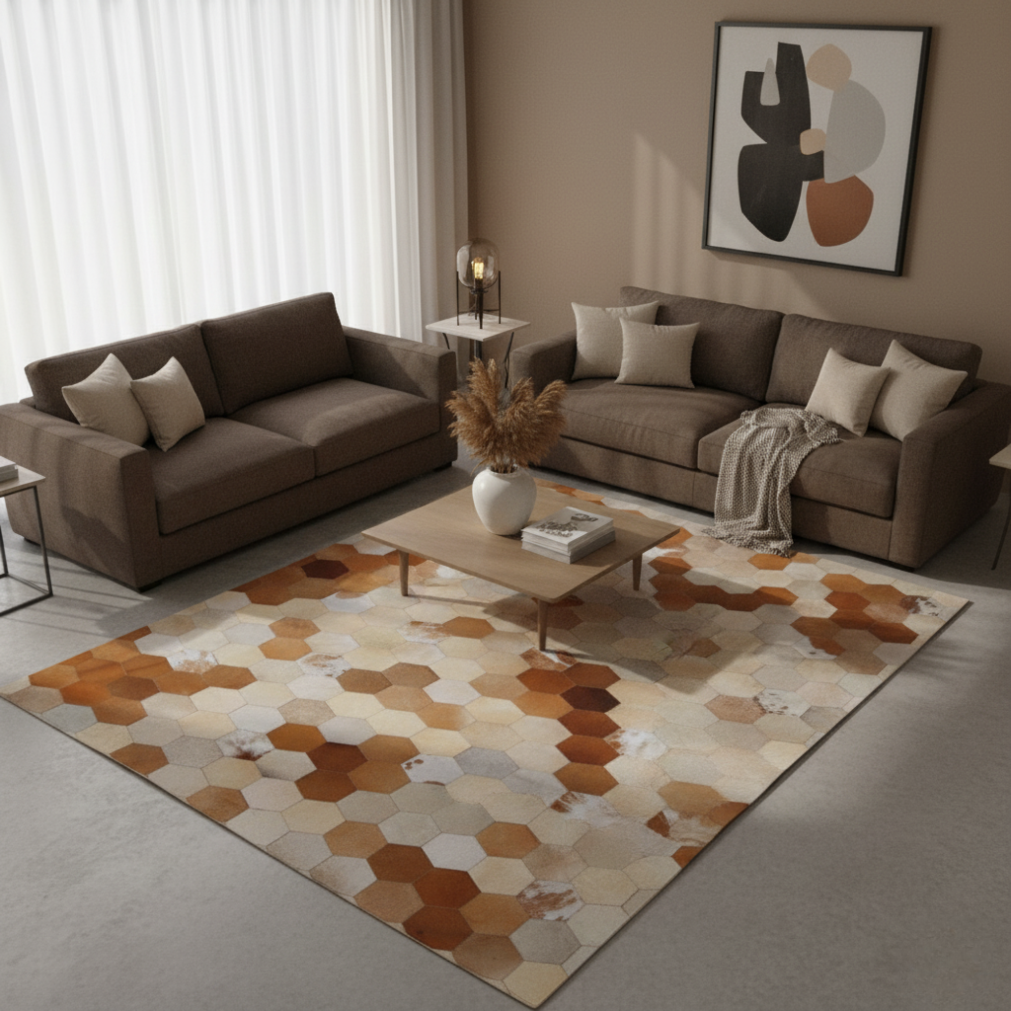Brown & Cream Patchwork Cowhide Rug – Leather Area Rug,Living Room Decor