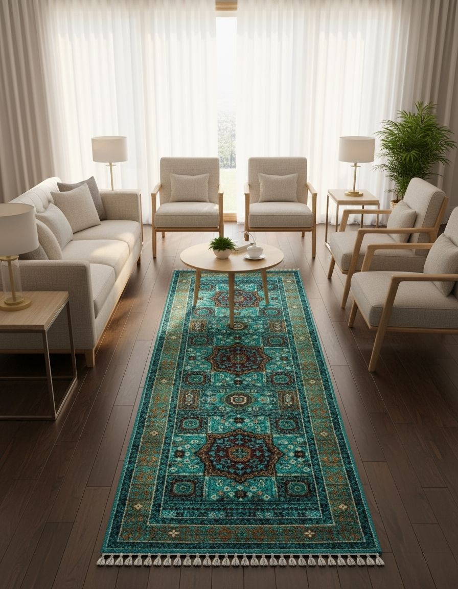 Turquoise Memluk Runner Rug – Hand-Knotted Wool Carpet 182x64cm (6x2ft)