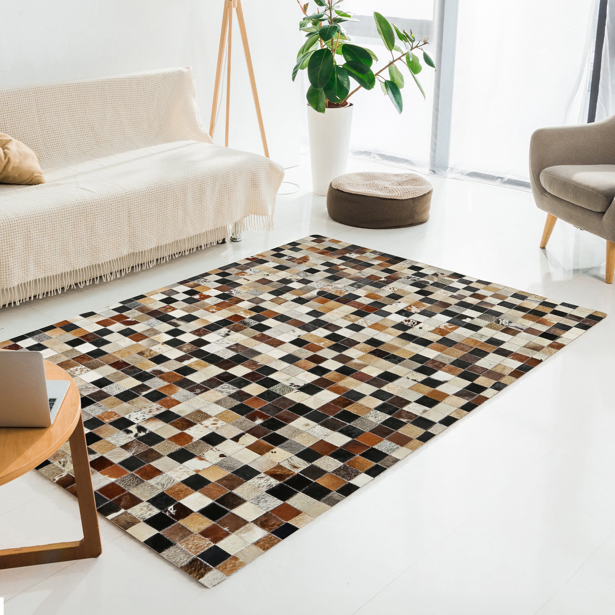 Multicolor Cowhide Square Patchwork Rug, Modern Area Rug – KareliasAndSons