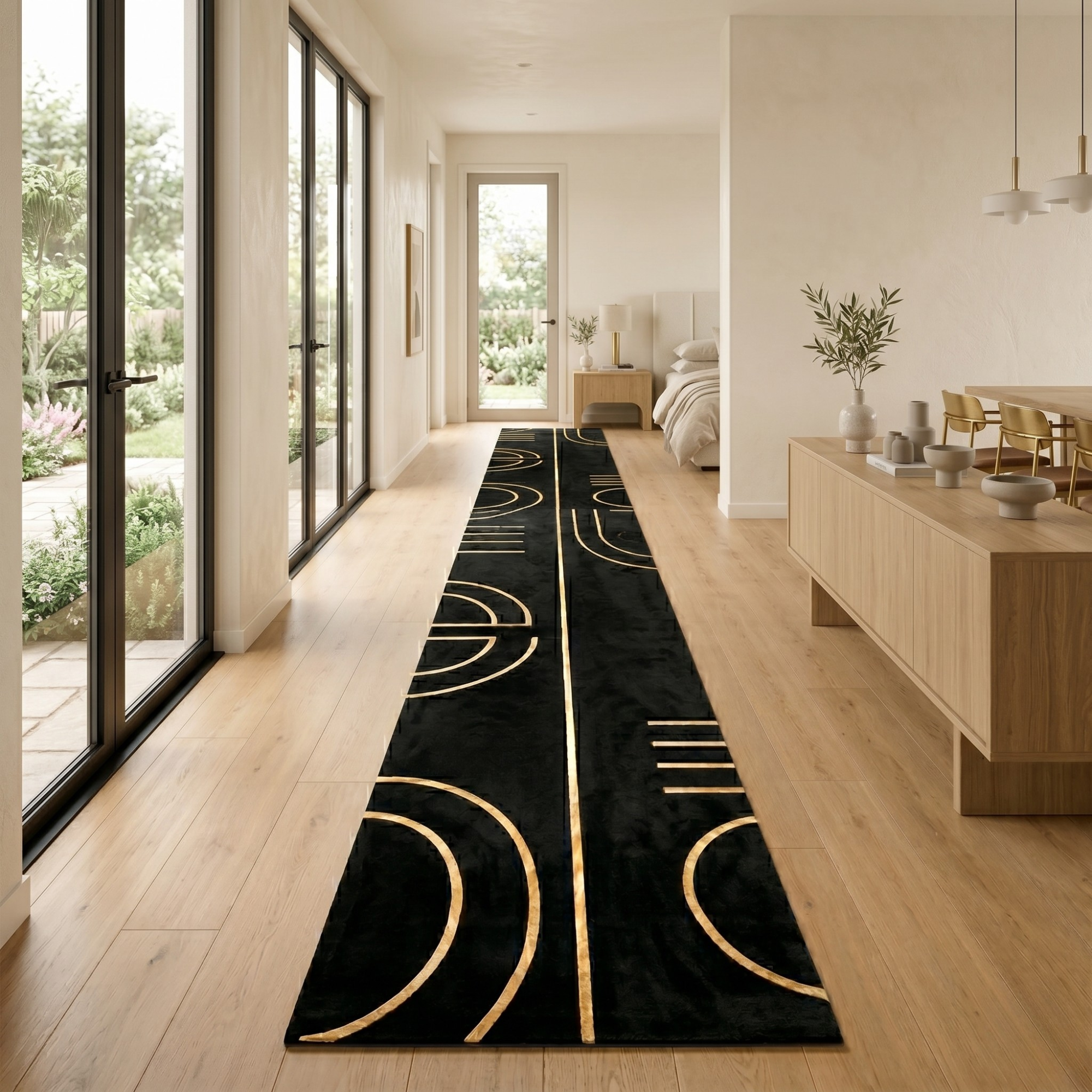 Black and Gold Runner Rug, Luxury Plush Hallway Runner, Custom Size Modern Rug,