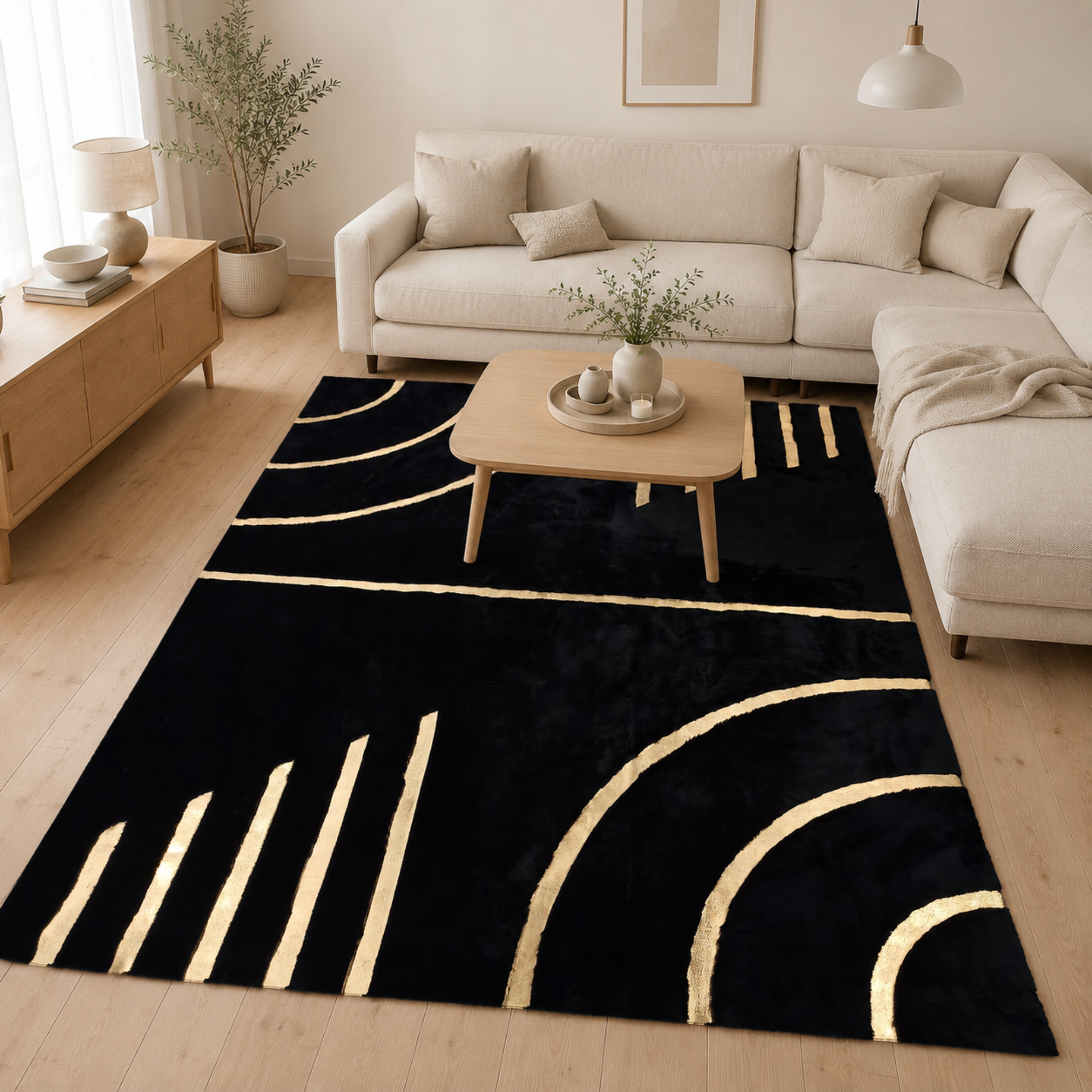 Gold striped black rug in room