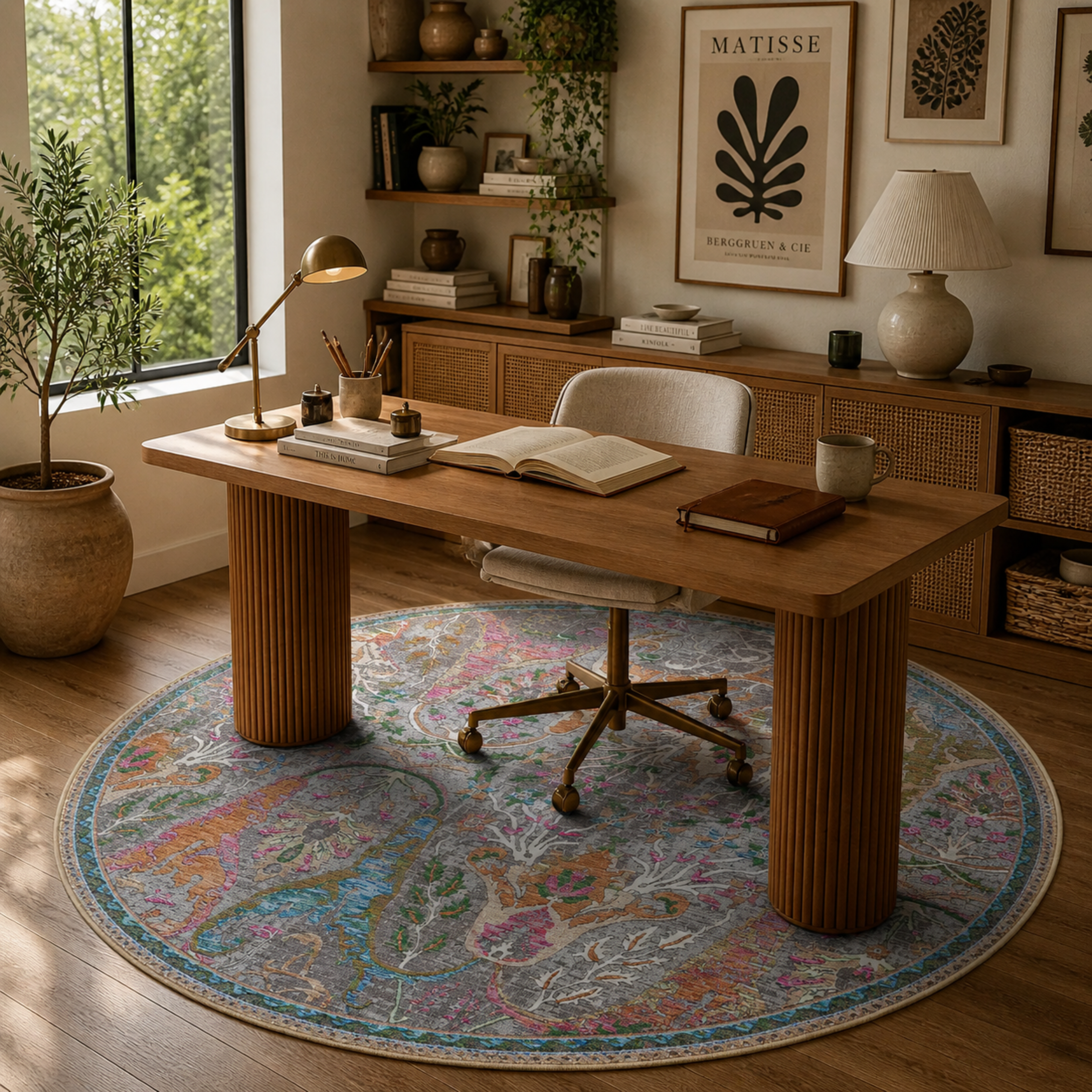 Round Floral Area Rug, Distressed Traditional Boho Carpet, Living Room Bedroom 6.6FT