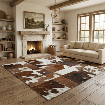 Brown and White Patchwork Cowhide Rug, Geometric Hair-on-Hide Area Rug