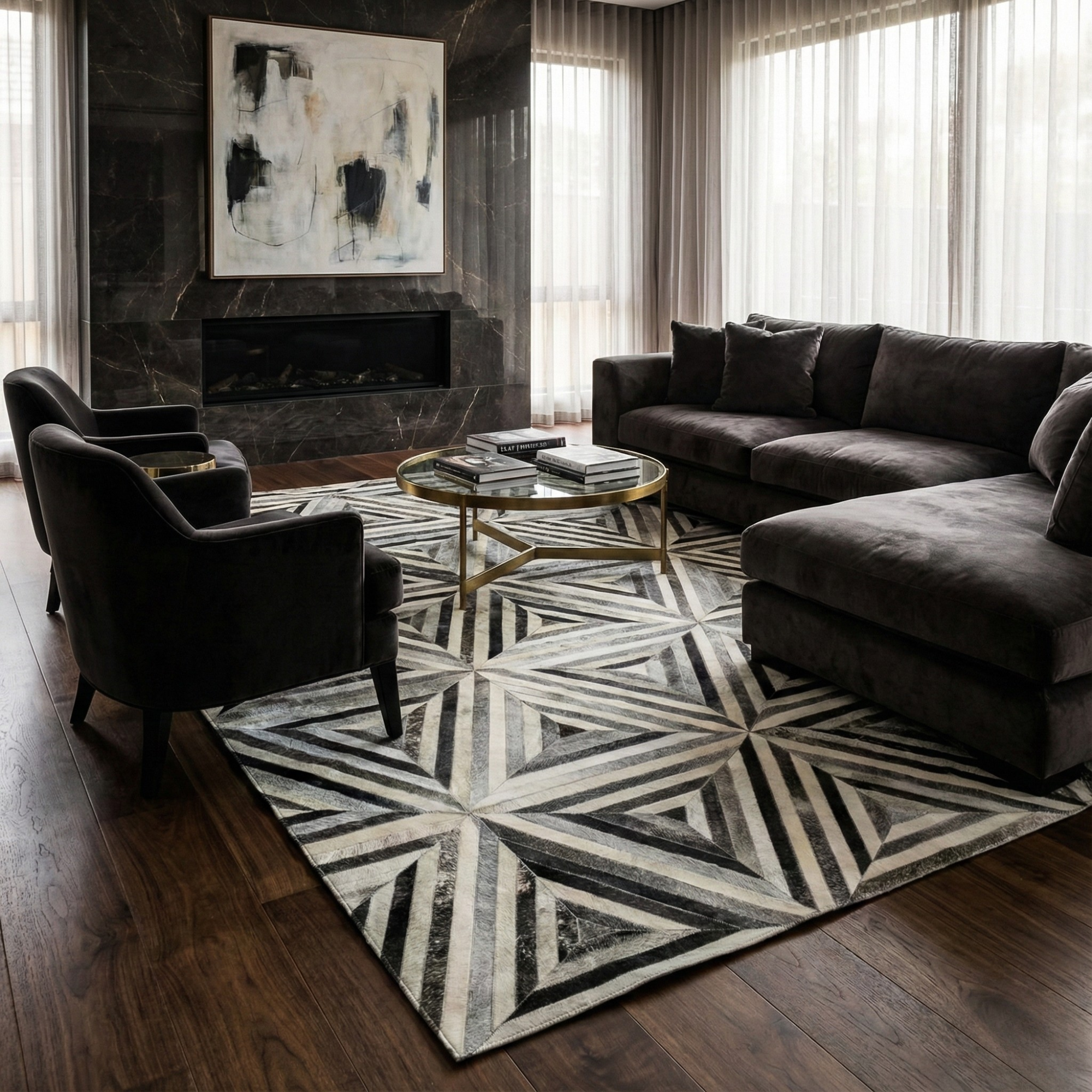 Handmade Geometric Leather Rug, Modern Luxury Area Rug, Black Grey Neutral Pattern Rug, Contemporary Designer Rug, Custom Size Available