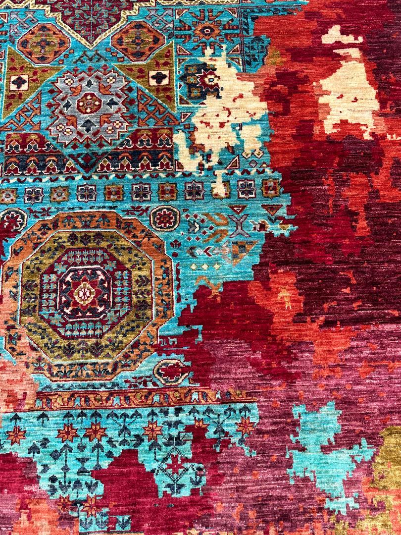 Large Afghan Memluk Rug – Hand-Knotted Wool Carpet 303x208cm (10x6.8ft), 45/45 Quality, Unique Geometric Design