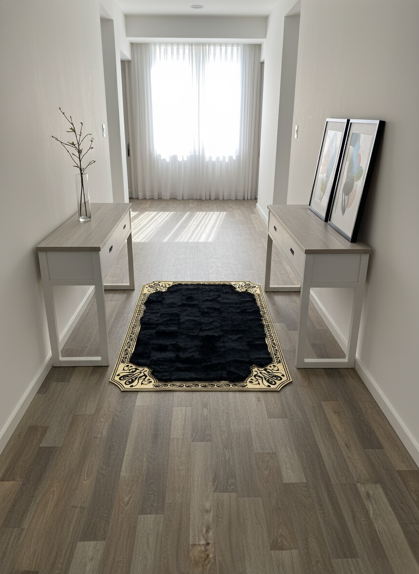 Black Tuscan Area Rug – Gold Corner Detailing, Natural Fur Texture, Non-Slip Backing, Custom Sizes Available