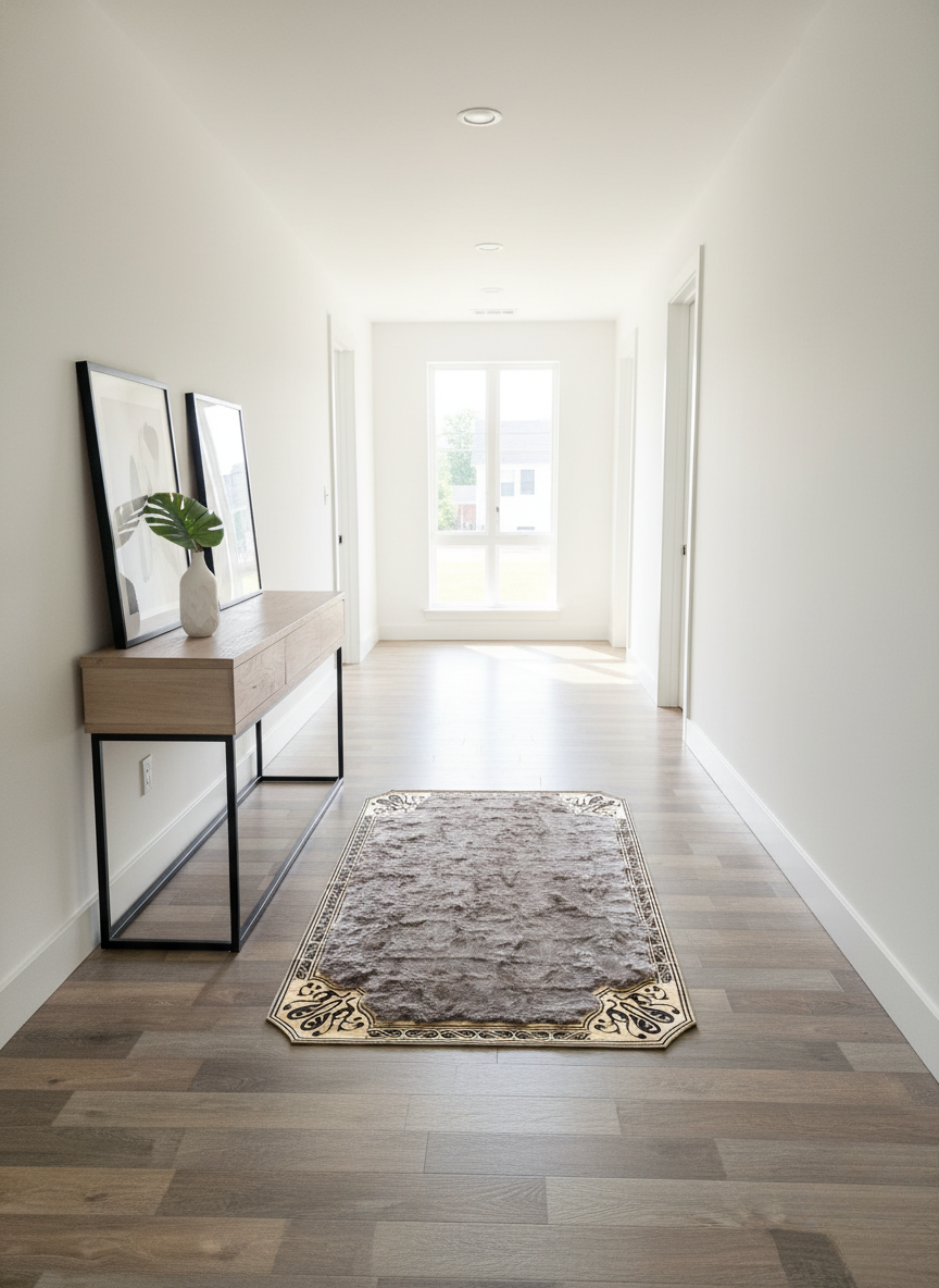 Light Brown Tuscan Area Rug – Gold Corner Detailing, Natural Fur Texture, Non-Slip Backing, Custom Sizes Available