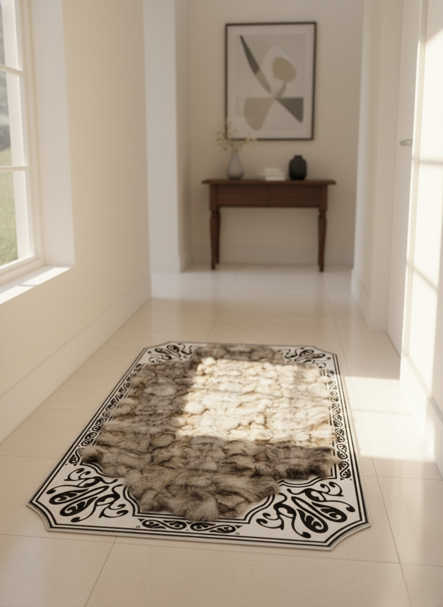 Natural Fox Fur Area Rug – Black & White Corner Detailing, Soft Textured Surface, Non-Slip Backing, Custom Sizes Available
