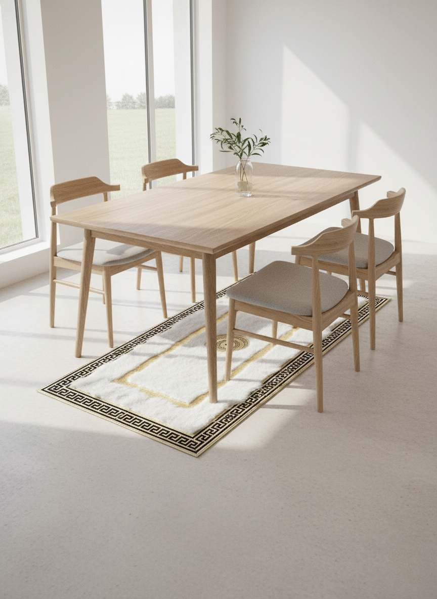 White Tuscan Area Rug – Gold Line Detailing, Natural Fur Texture, Non-Slip Backing, Custom Sizes Available