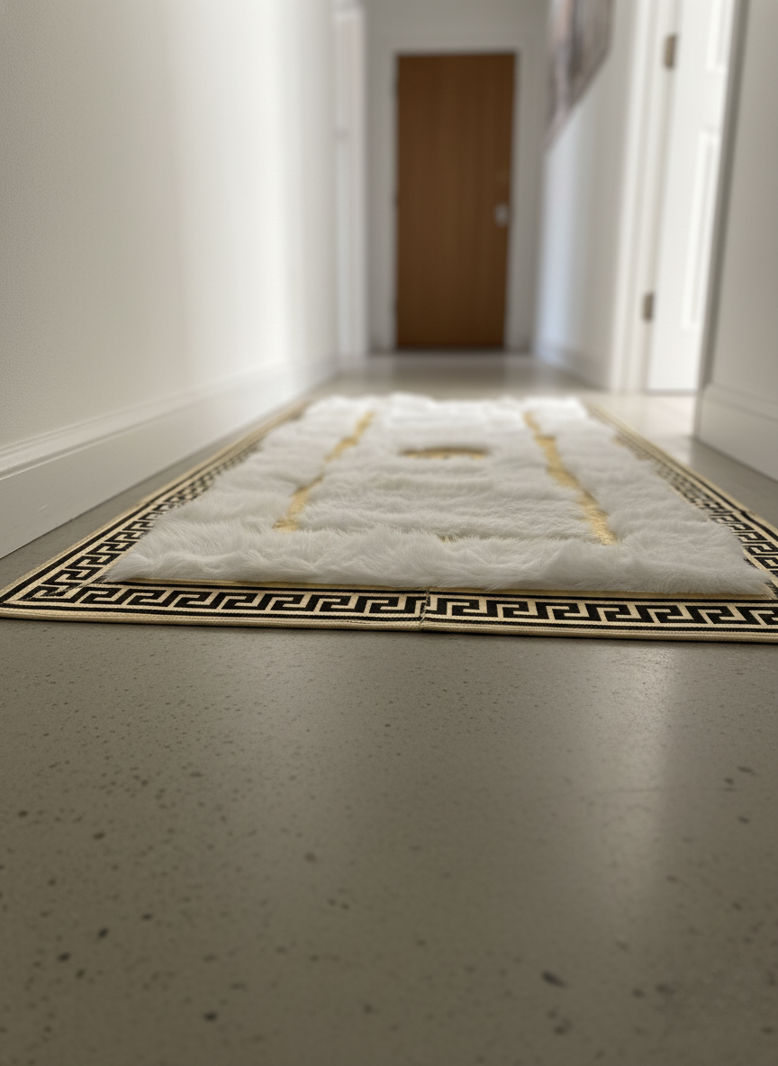 Tuscan Core Rug White Tuscan Area Rug – Gold Line Detailing, Natural Fur Texture ...
