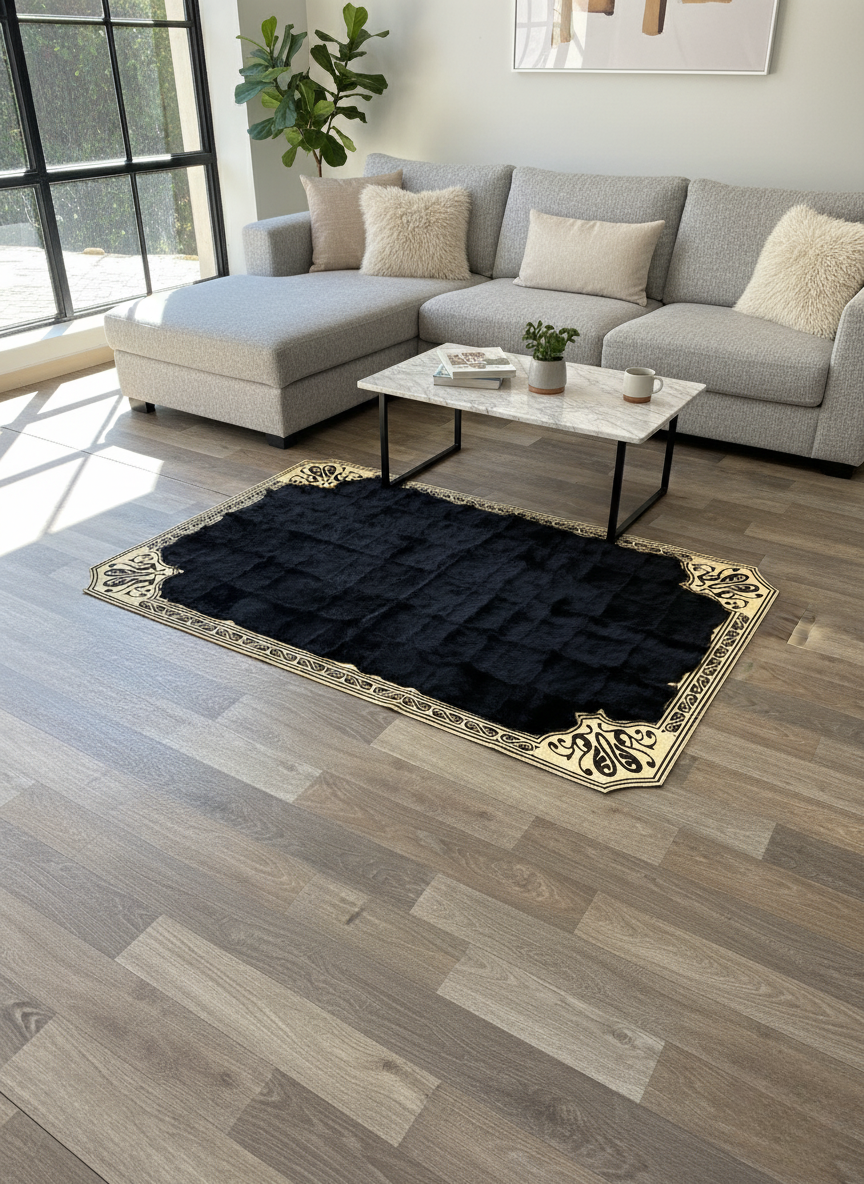 Black Tuscan Area Rug – Gold Corner Detailing, Natural Fur Texture, Non-Slip Backing, Custom Sizes Available