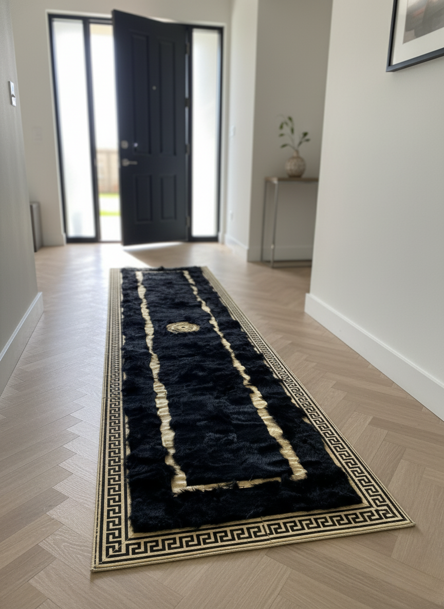 Black Tuscan Runner Rug – Gold Line Accents, Natural Fur Texture, Non-Slip Backing, Custom Sizes Available