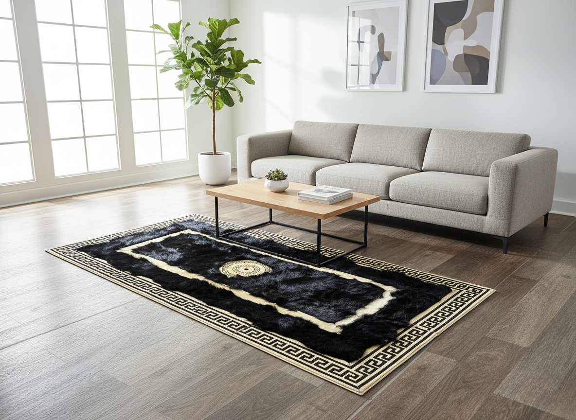 Black Tuscan Runner Rug – Gold Line Detailing, Natural Fur Texture, Central Medallion, Non-Slip Backing, Custom Sizes Available