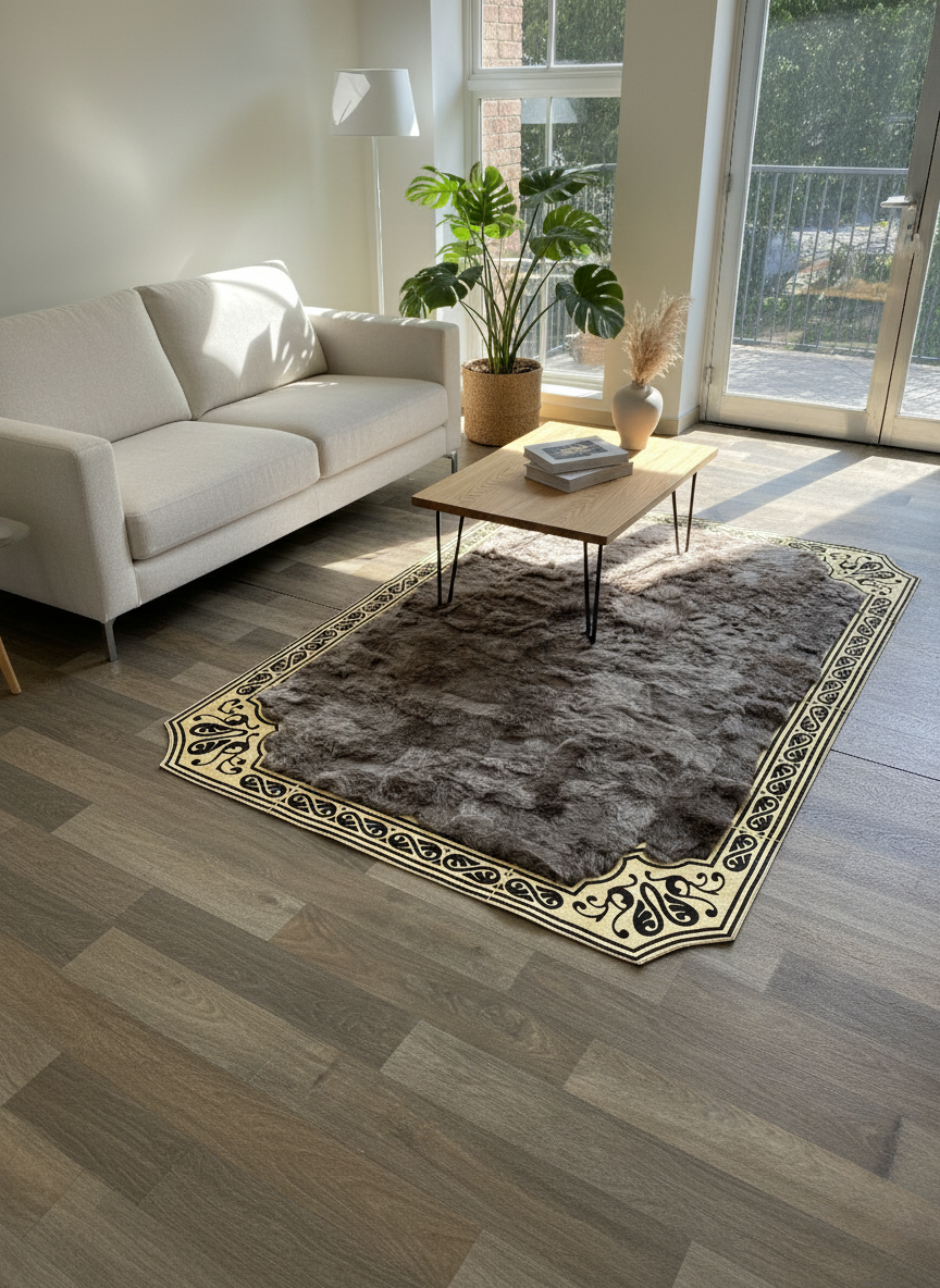 Dark Brown Tuscan Area Rug – Gold Corner Detailing, Natural Fur Texture, Non-Slip Backing, Custom Sizes Available