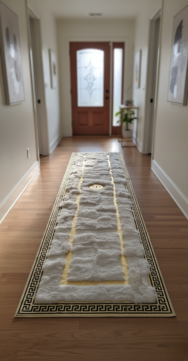 White Tuscan Runner Rug – Gold Line Detailing, Soft Natural Fur Texture, Non-Slip Backing – Custom Sizes Available