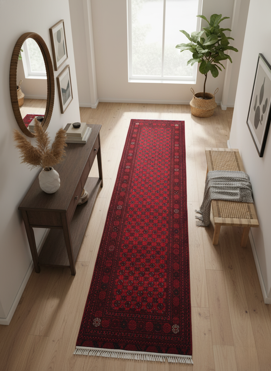 Red Afghan Runner Rug – Hand-Knotted Wool Carpet 390x91cm (12.8x3ft)