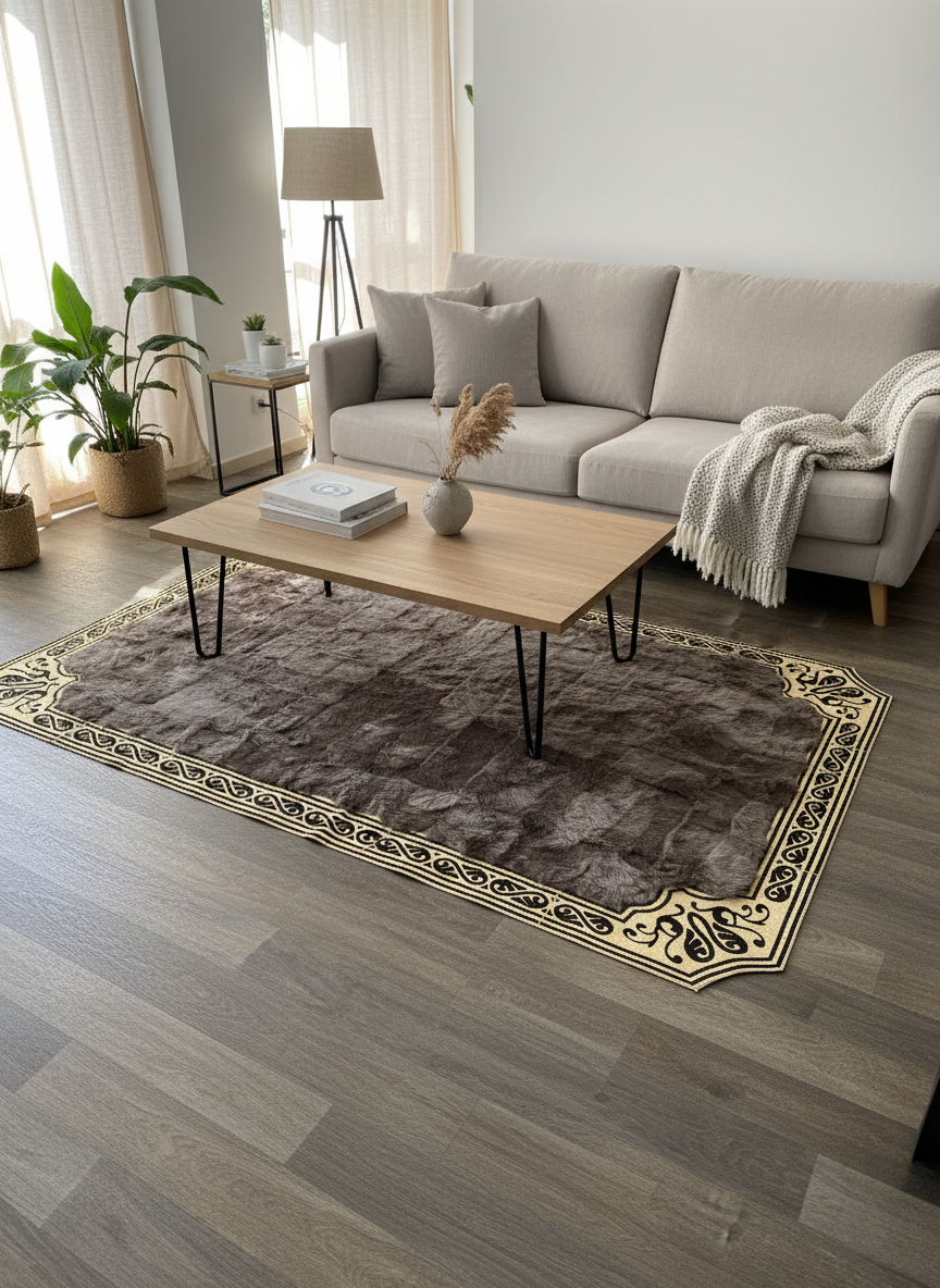 Dark Brown Tuscan Area Rug – Gold Corner Detailing, Natural Fur Texture, Non-Slip Backing, Custom Sizes Available